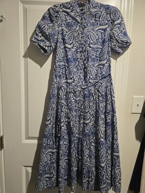 H&M Blue & White Paisley Short-Sleeve Midi Dress